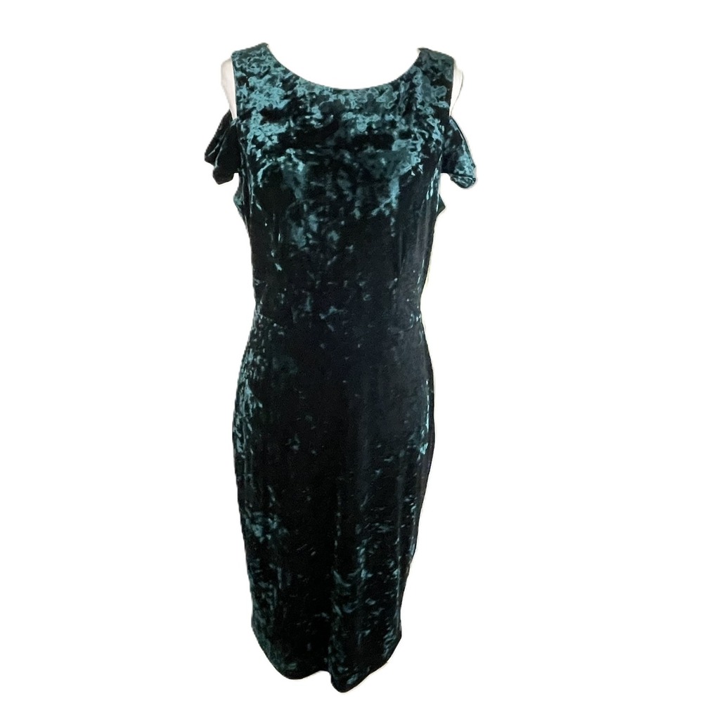 Vince Camuto Crushed Velvet Cold Shoulder Sheath Dress Emerald Green‎ Size 8